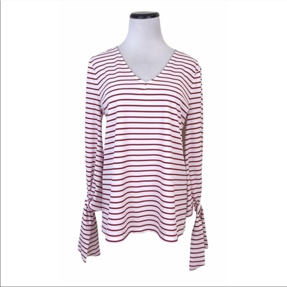 Ann Taylor Factory Striped Top Medium Tie Sleeve V-Neck Fed White - Picture 1 of 6